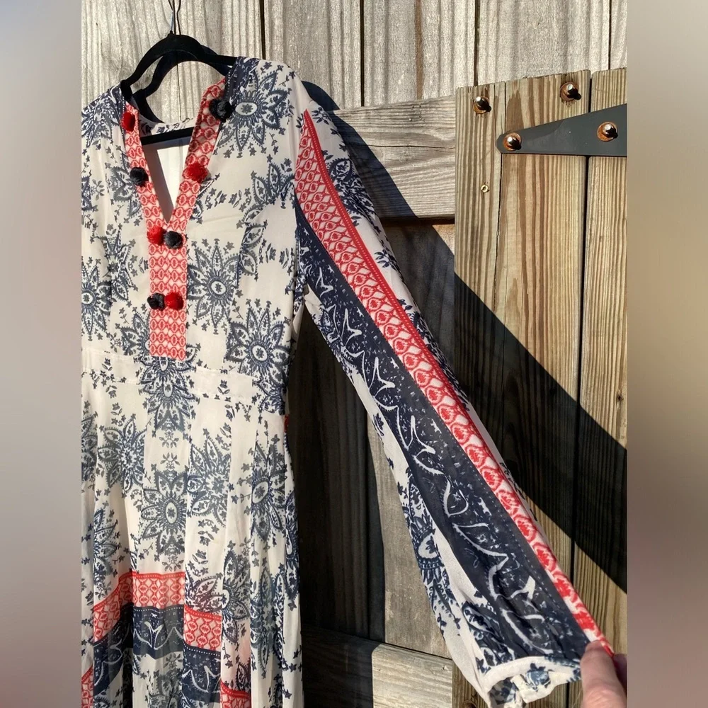 Boho Maxi Dress in Cream with Navy & Coral Accents